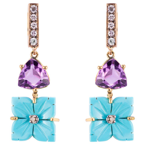 18 Karat Yellow Gold 0.12 Karat White Diamond Turquoise Flower Dangle Earrings