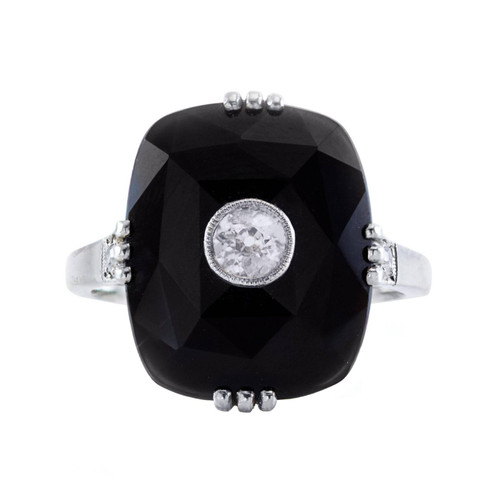 Art Deco Onyx Old European Diamond Gold Ring