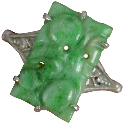 Art Deco Carved Jade Solitaire and 9 Carat White Gold Panel Ring