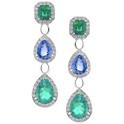 5.4 Carat Emerald and 3.93 Carat Blue Sapphire Diamond Earrings in 18 White Gold