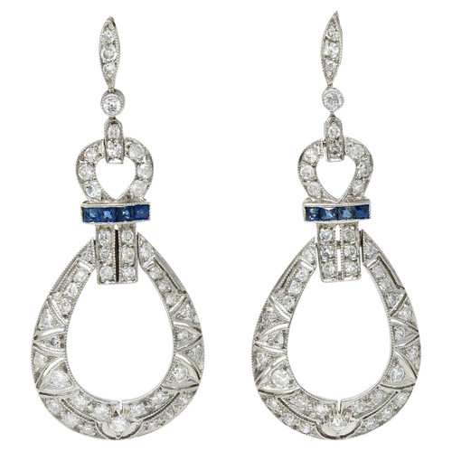 Art Deco 1.65 Carats Diamond Sapphire Platinum Screwback Drop Earrings