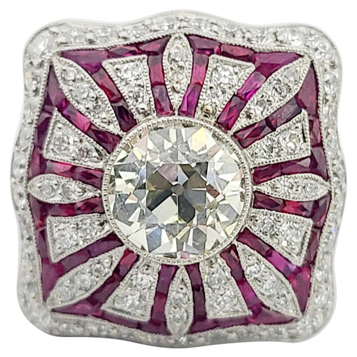 1.94ct Old Euro Cut Diamond 1.24ctw RBC Diamond 10.5g Platinum Deco Style Ring