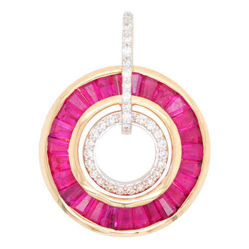 18 Karat Gold Custom Cut Taper Baguette Ruby Diamond Art Deco Style Pendant