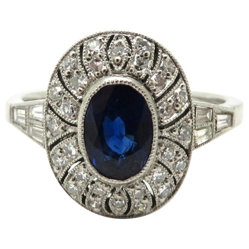 Platinum Art Deco Style Round and Baguette Diamond and Sapphire Ring
