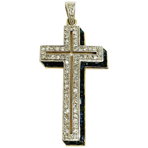 Art DecÃ³ Diamond and Sapphire Platinum 18 Karat Yellow Gold Cross Pendant