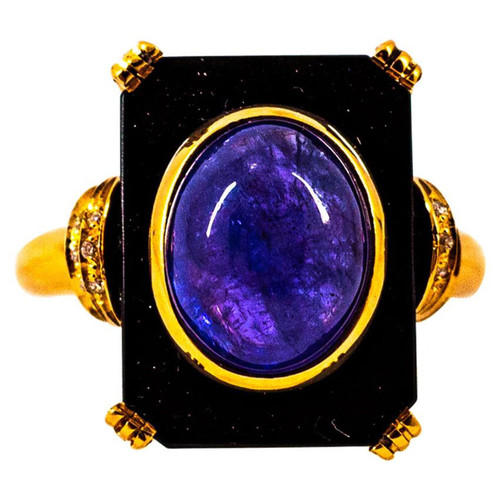 Art Deco Style 4.35 Carat White Diamond Tanzanite Onyx Yellow Gold Cocktail Ring