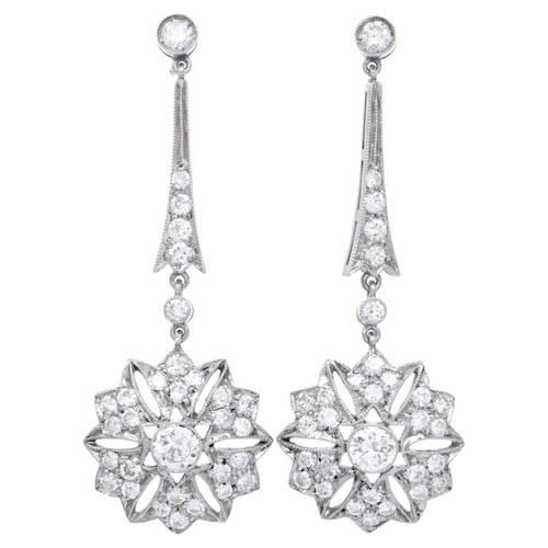 Vintage Deco Diamond Platinum Dangle Drop Earrings