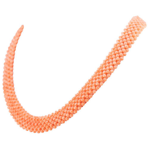 Natural Pink Coral 925 Golden Silver Craft Handmade Woven Round Beaded Necklace