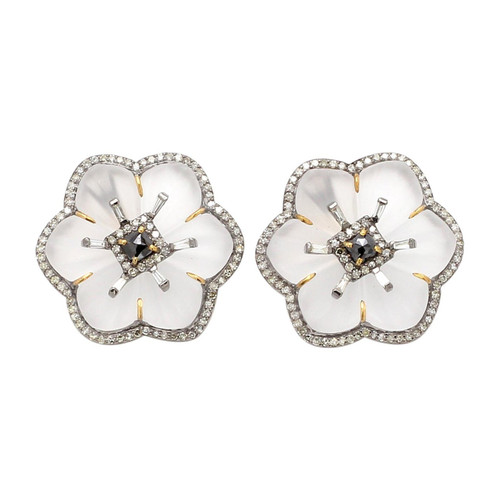 1.46 Carat White Diamond, Black Diamond, and Crystal Flower Stud Earrings