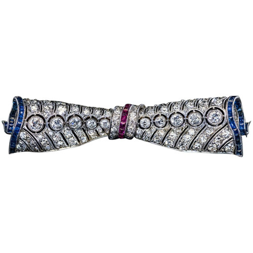 Vintage Art Deco Diamond Ruby Sapphire Bow Brooch