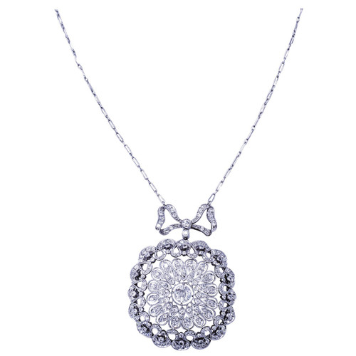 Georgian 8.00 Carat Old European Diamonds Bow Tie Round Pendant Necklace