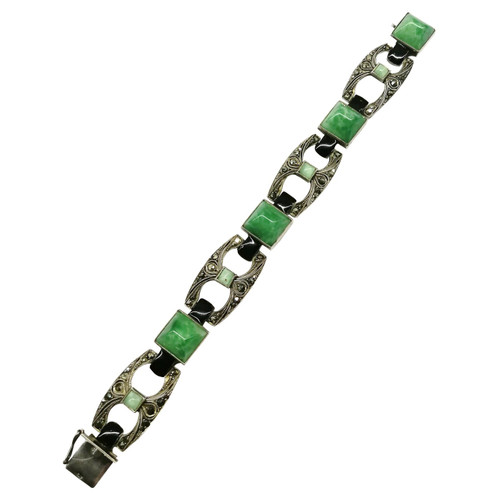 An Art Deco amazonite, sterling silver, enamel and marcasite bracelet, 1930s