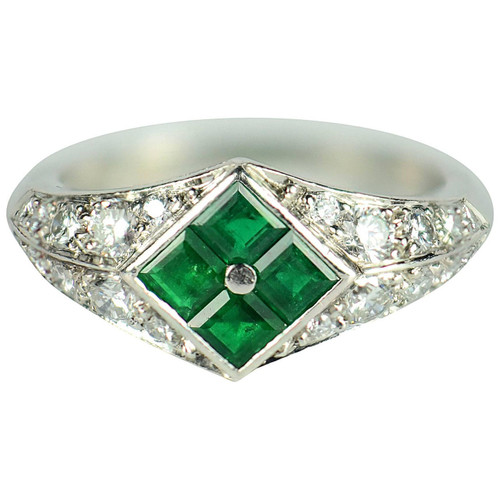 Checkerboard Invisibly-Set Emerald Diamond Pave Platinum Ring