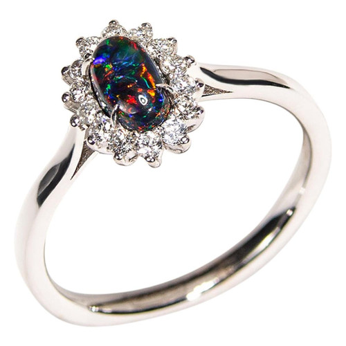 Black Opal 14K Gold Diamond Ring Australian Gemstone Art Deco Style