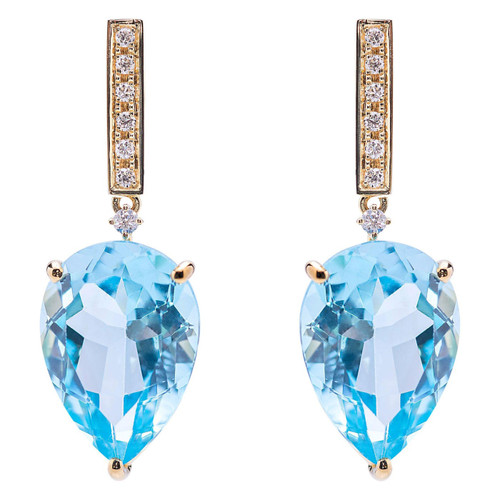 Art Deco Style 18 Karat Gold Blue Topaz 0.06 Karat White Diamonds Earrings