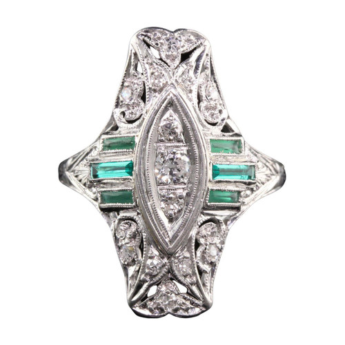 Antique Art Deco Platinum Old Euro Diamond and Emerald Shield Ring