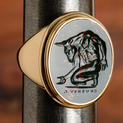 Chushev Minotaur Green Jasper Intaglio Gold Signet Ring