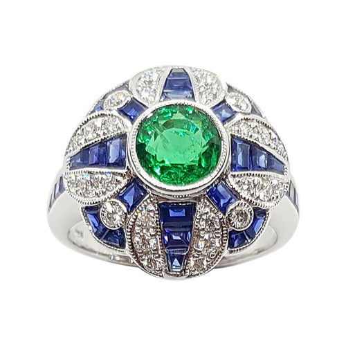 Emerald with Blue Sapphire and Diamond Ring Set in 18 Karat White Gold Settings