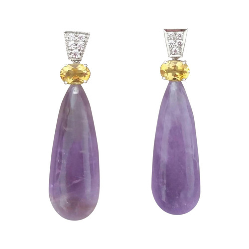 Art Deco Style Faceted Citrine Diamonds 14 Kt White Gold Amethyst Drops Earrings