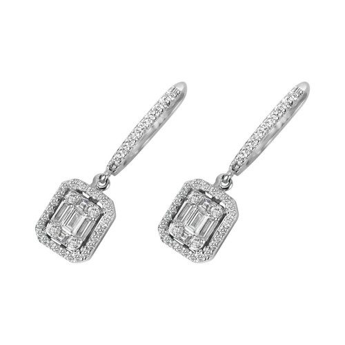 18 Karat Gold Dangle Earring White Gold Baguette Emerald Cut Illusion Diamond