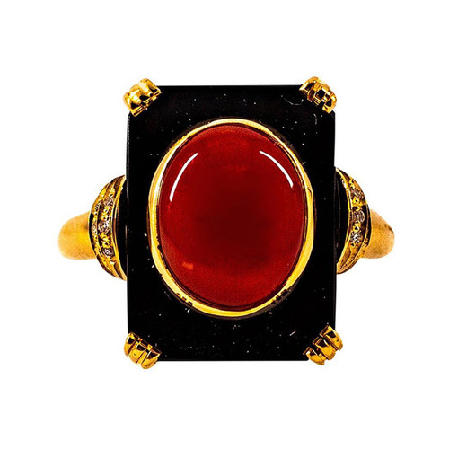 Art Deco White Diamond Mediterranean Red Coral Onyx Yellow Gold Cocktail Ring