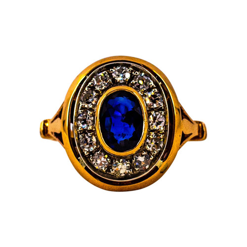 Art Deco Style 1.15 Carat White Diamond Blue Sapphire Yellow Gold Cocktail Ring