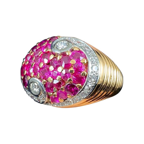 Art Deco Natural Ruby Diamond Bombe Cocktail Ring Rose Gold Platinum 1930s 1940s