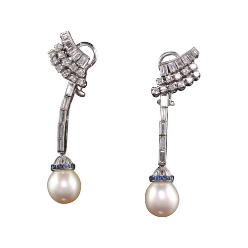 Antique Art Deco Palladium Diamond Sapphire Pearl Drop Earrings