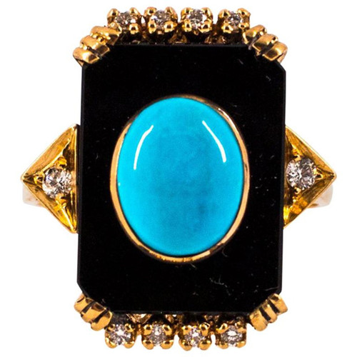 Art Deco Style Turquoise Onyx 0.18 Carat White Diamond Yellow Gold Cocktail Ring