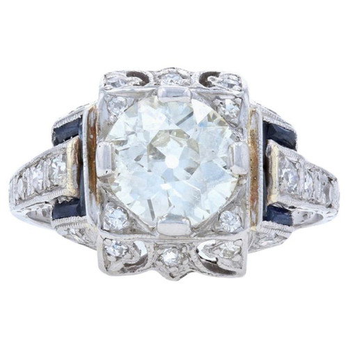 Art Deco Diamond and Synthetic Sapphire Ring, Platinum European 1.60 Carat
