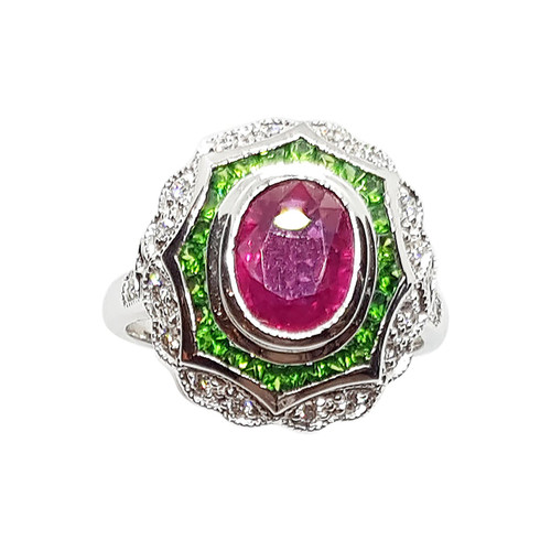 Ruby with Tsavorite and Diamond Ring Set in 18 Karat White Gold Settings