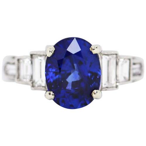 Vintage 3.18ct Oval Blue Sapphire and Diamond Platinum Deco Engagement Ring