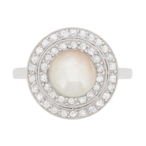 Art Deco Pearl and Diamond Double Halo Ring, circa 1920s