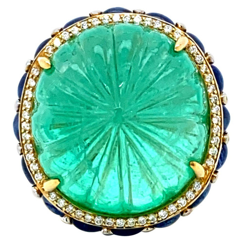 48.07 Carat GRS Certified Colombian Carved Emerald and Diamond Cocktail Ring