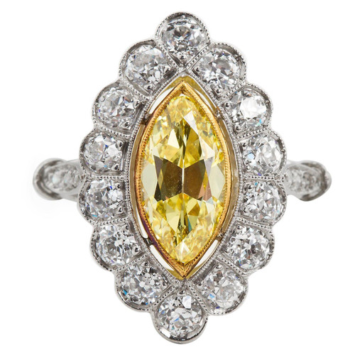 Art Deco Marquise Fancy Intense Yellow Internally Flawless Diamond Cluster Ring