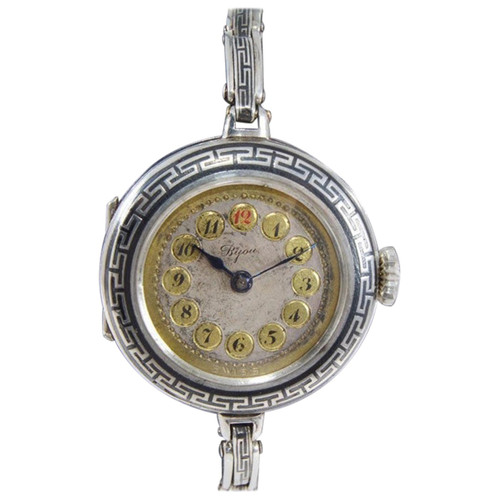 Bijou by Racine Sterling Silver and Niello Ladies Art Deco Wristwatch circa 1915