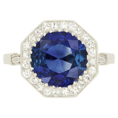 Art Deco 2.54ct Sapphire and Diamond Halo Ring, c.1920s