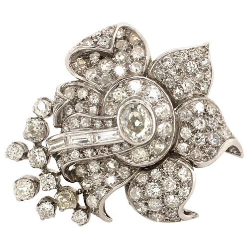 Flower Clip with Old Cut Diamonds in Platinum 950