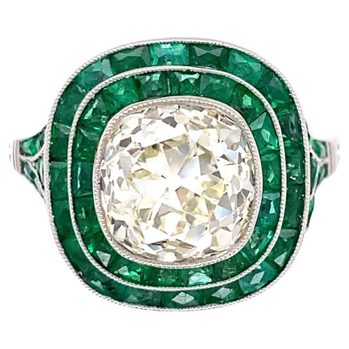 3.17 Carat Old Mine Cushion Diamond and Emerald Platinum Art Deco Style Ring