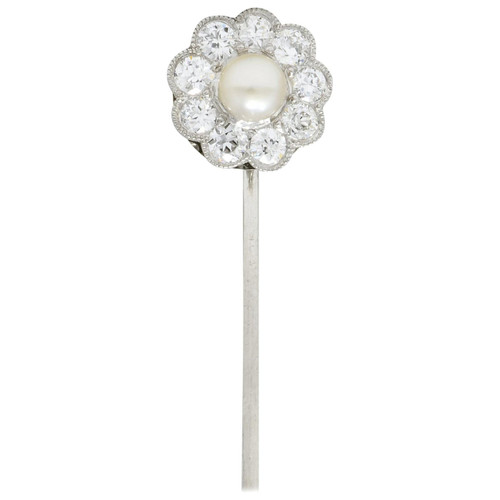 Art Deco 1.00 Carat Diamond Pearl Platinum Floral Cluster Stickpin