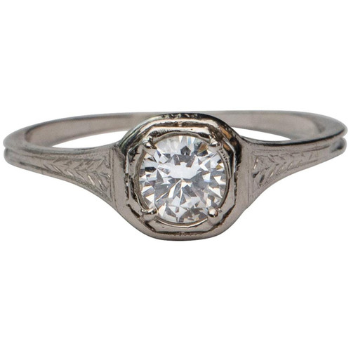 Art Deco .44 Carat Old European Diamond Solitaire Platinum Filigree Ring
