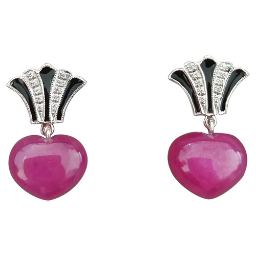 14k Gold Art Deco Style Heart Shape Rubies Diamonds Black Enamel Dangle Earrings