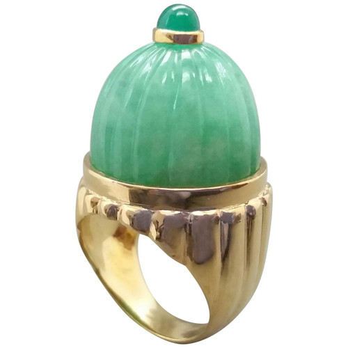 Engraved Burma Jade Cabochon Emerald Cabochon 14 Karat Solid Yellow Gold Ring