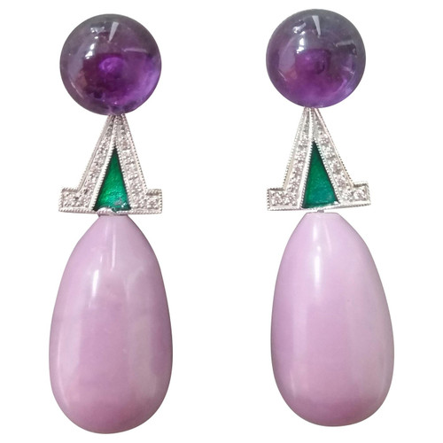 Art Deco Style Amethyst Phosphosiderite Green Enamel Gold Diamonds Earrings