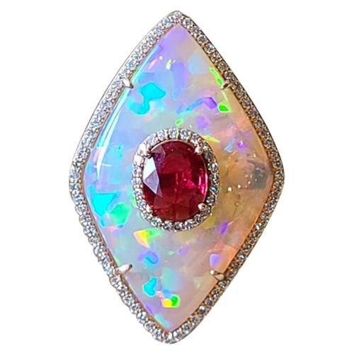Set in 18K Gold, Natural Ethiopian Opal, Ruby & Diamonds Cocktail Ring