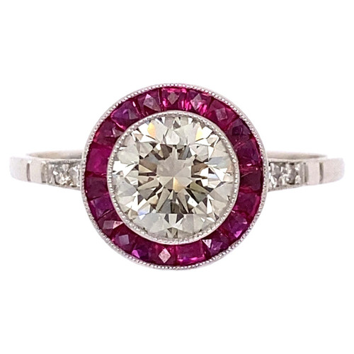 Art Deco Revival 1.12 Carat Diamond Ruby Platinum Halo Ring Estate Fine Jewelry