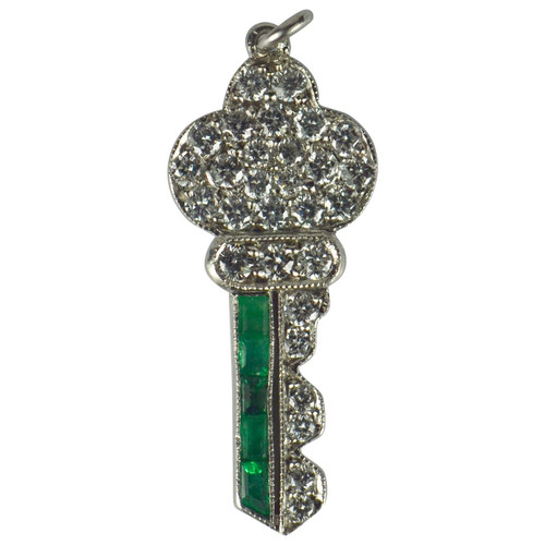 Art Deco Platinum Emerald Diamond Key Charm Pendant