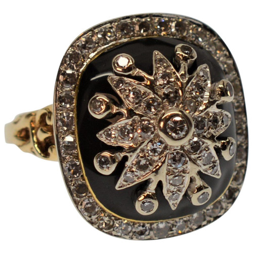 Diamond Burst on Black Enamel 14k Yellow Gold Antique Style Cocktail Ring