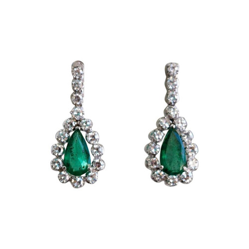 Vintage 1.80 Carat Emerald and Diamond Dangle Earrings in 18 Karat White Gold