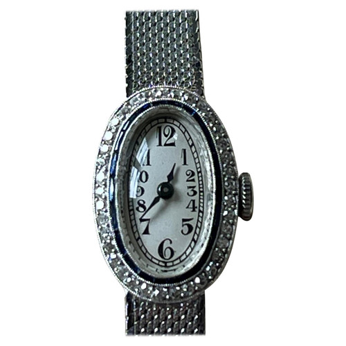 Platinum White Gold Art Deco Diamond Spphire Wrist Watch